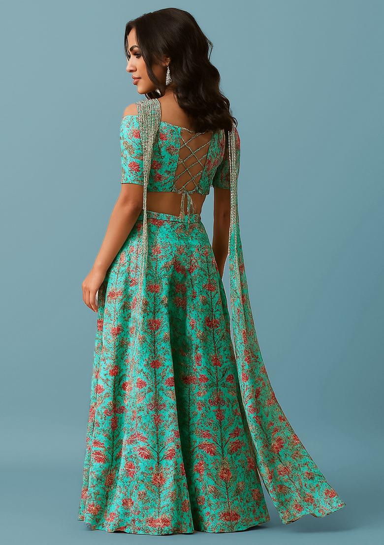 Blue Printed Silk Blend Fusion Set - Indya
