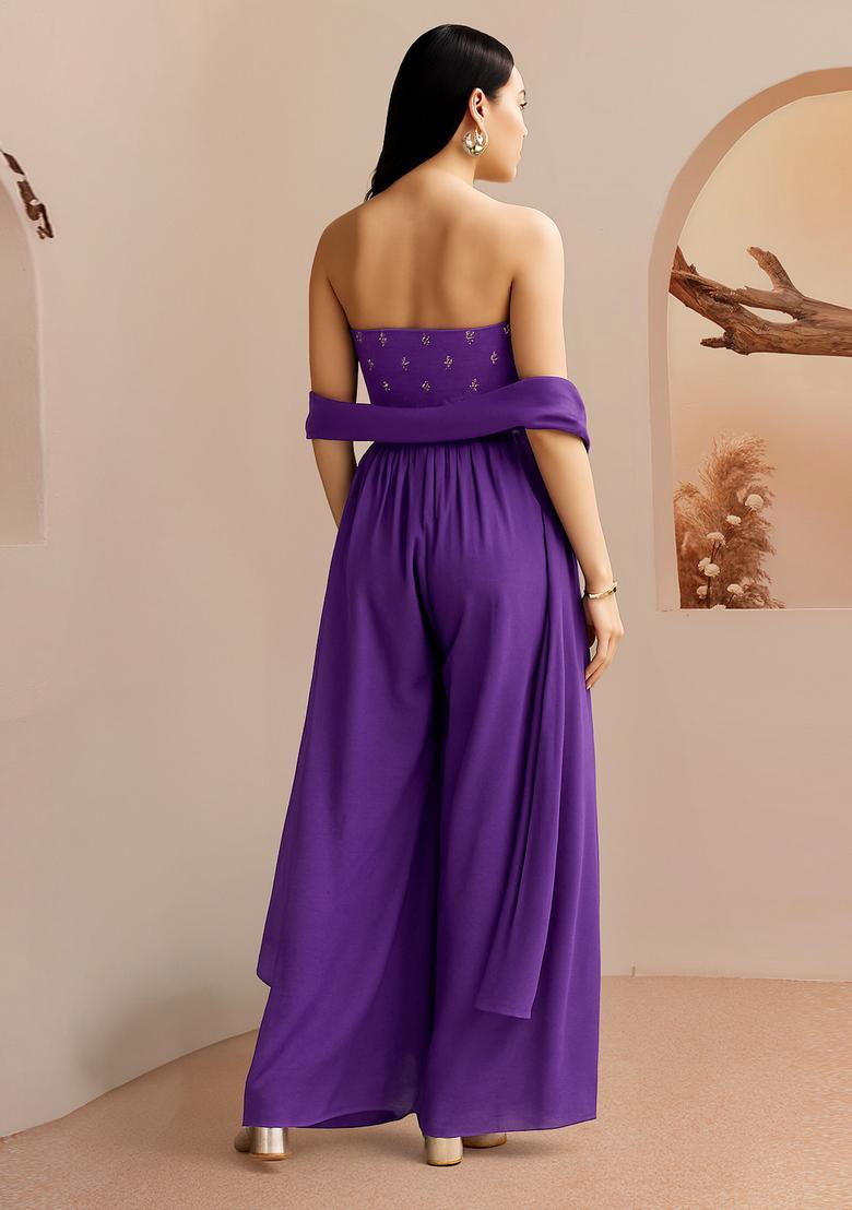 Purple Embroidered Georgette Fusion Set - Indya