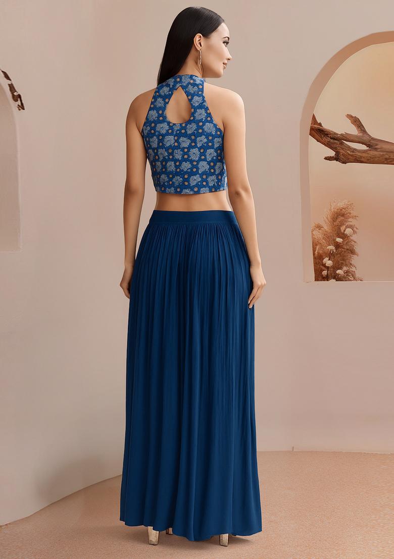Blue Printed Georgette Fusion Set - Indya