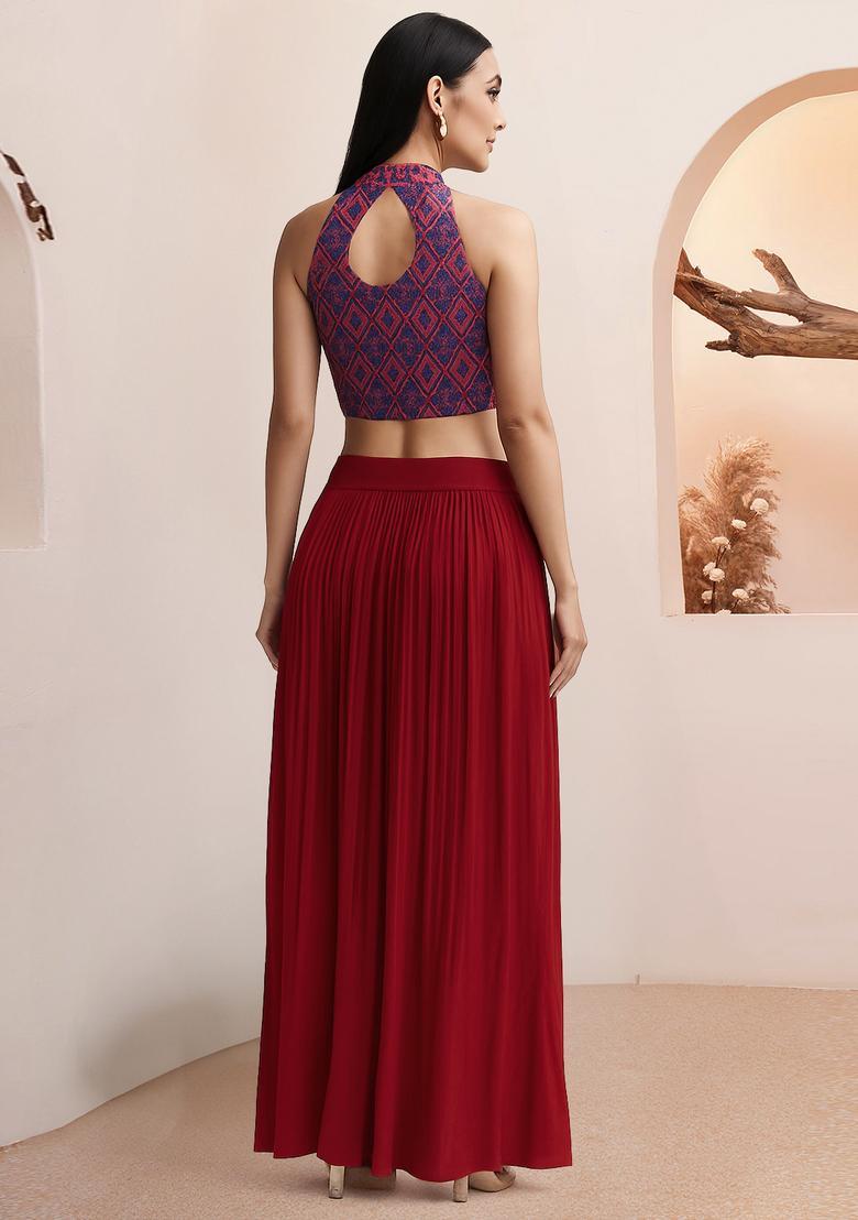 Maroon Printed Georgette Fusion Set - Indya