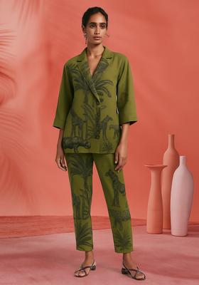 Green Printed Linen Blazer Co-Ord Set