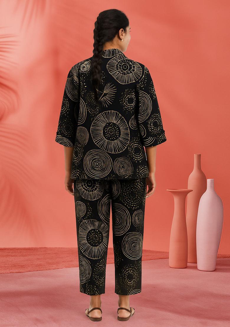 Black Printed Linen Blazer Co-Ord Set - Indya