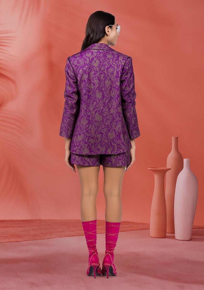 Purple Embroidered Brocade Shirt And Short Set - Indya