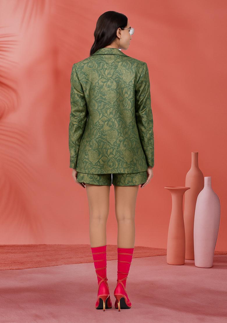 Green Embroidered Brocade Shirt And Short Set - Indya