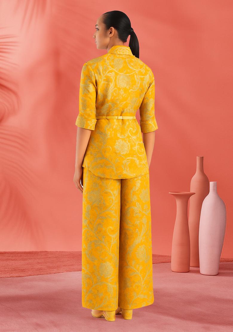 Yellow Embroidered Brocade Blazer Co-Ord Set - Indya
