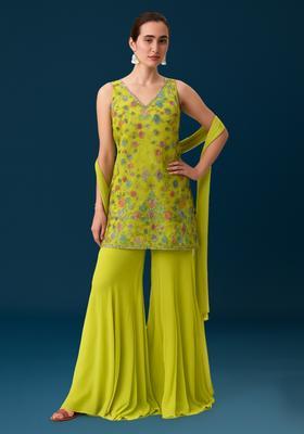 Green Embroidered Georgette Sharara Set