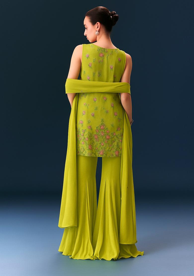 Green Embroidered Georgette Sharara Set - Indya