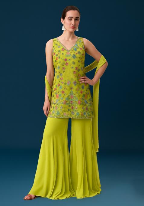 Green Embroidered Georgette Sharara Set