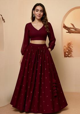 Maroon Embroidered Georgette Lehenga Set