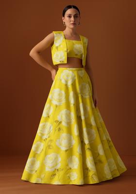 Yellow Printed Satin Lehenga Set