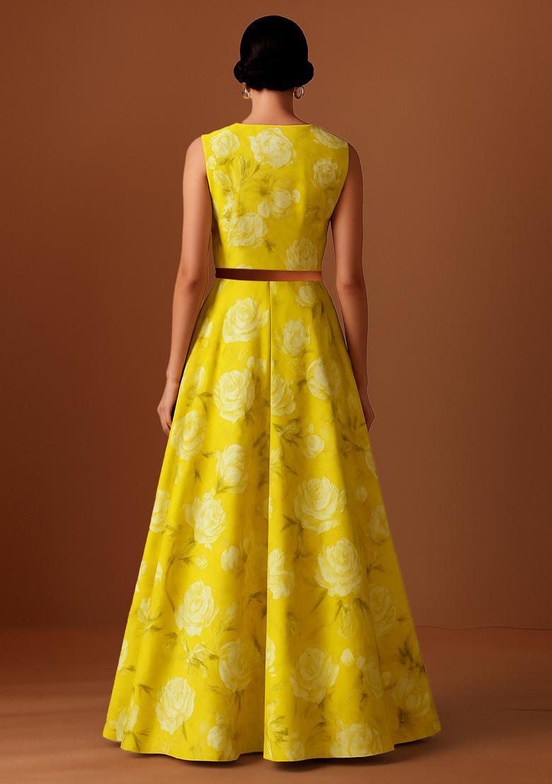 Yellow Printed Satin Lehenga Set - Indya