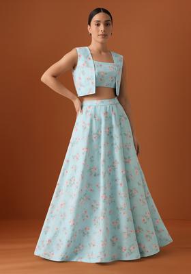 Blue Printed Satin Lehenga Set