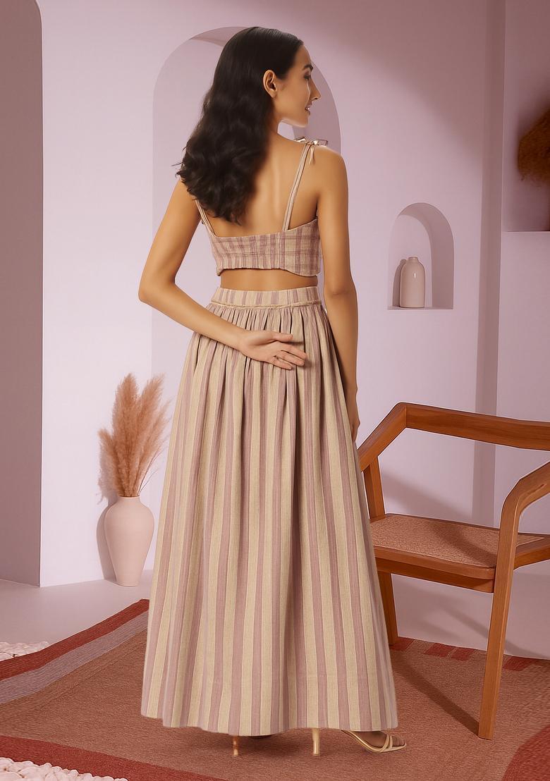 Pink Striped Linen Crop Top And Skirt Set - Indya
