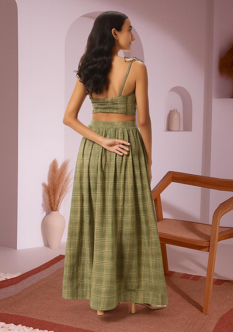Green Striped Linen Crop Top And Skirt Set - Indya