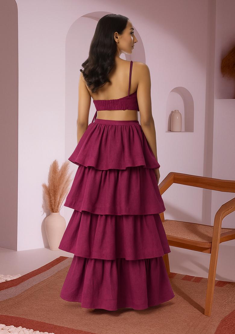 Pink Solid Linen Crop Top And Skirt Set - Indya