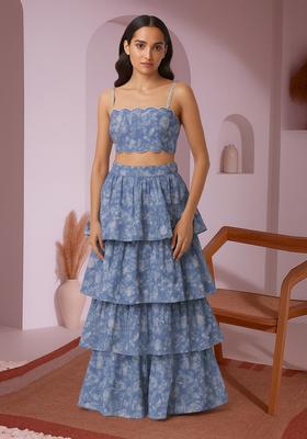 Light Blue Printed Linen Crop Top And Skirt Set