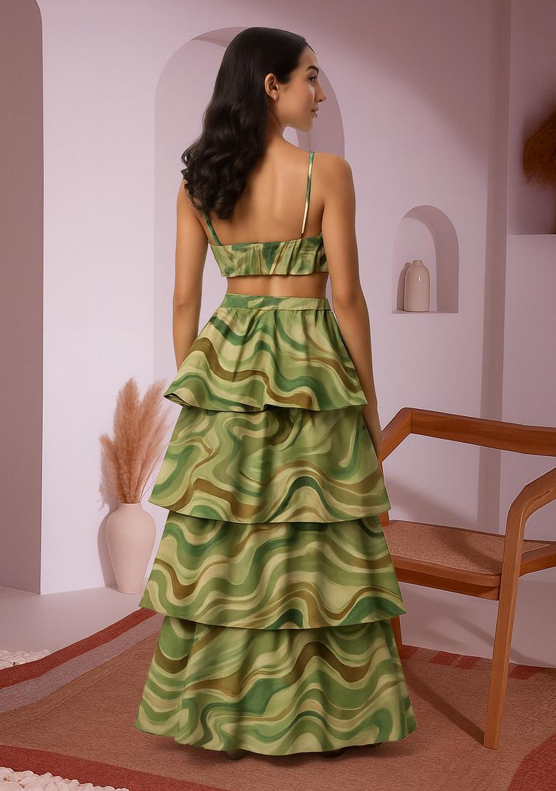 Green Printed Cotton Linen Crop Top And Skirt Set - Indya
