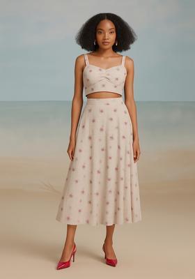 White Printed Cotton Linen Crop Top And Skirt Set