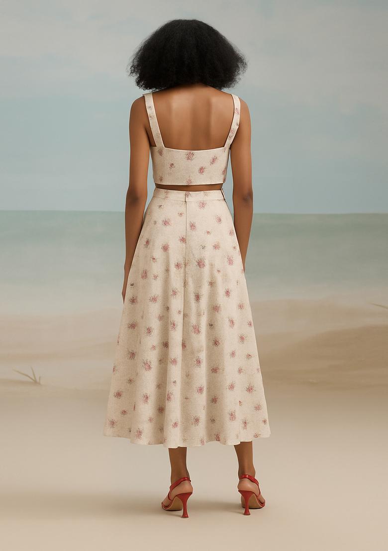 White Printed Cotton Linen Crop Top And Skirt Set - Indya