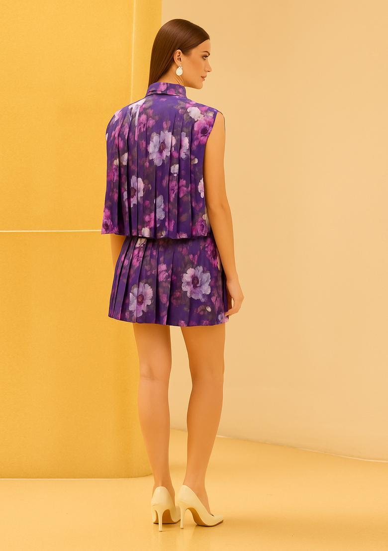 Purple Printed Cotton Linen Skirt Set - Indya