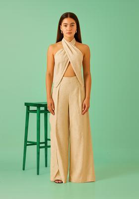 Beige Embroidered Jacquard Co-Ord Set