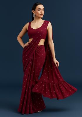 Maroon Embroidered Organza Pre Draped Saree Set