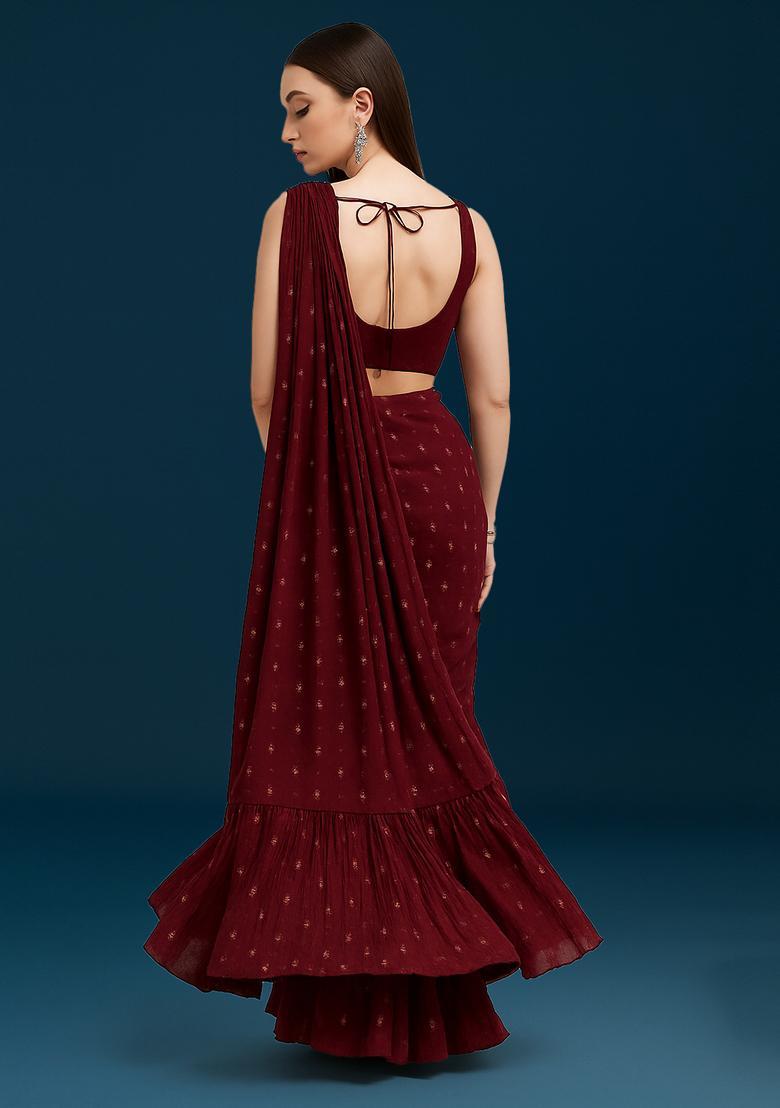 Maroon Embroidered Organza Pre Draped Saree Set - Indya