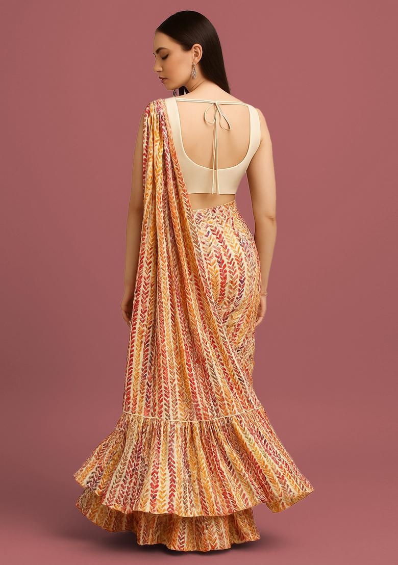 Purple Printed Chinon Pre Draped Saree Set - Indya