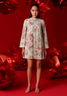 Beige Cotton Satin Floral Printed Dress