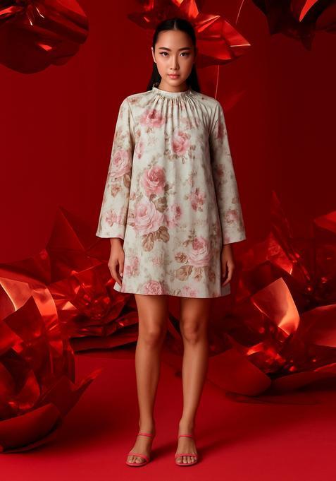 Beige Cotton Satin Floral Printed Dress
