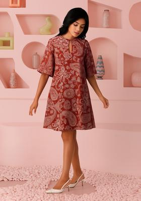 Maroon Cotton Satin Paisley Printed Dress