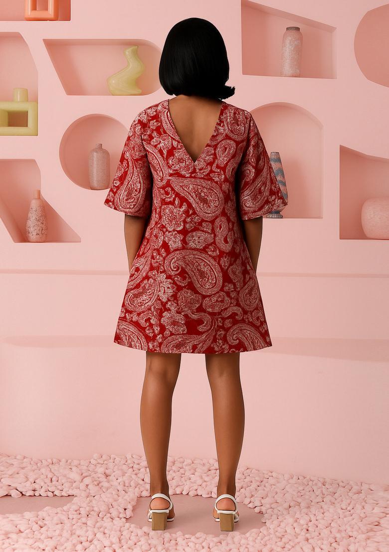 Maroon Cotton Satin Paisley Printed Dress - Indya