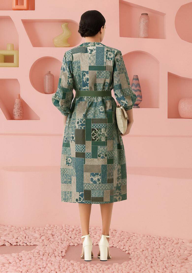 Blue Cotton Abstract Printed Dress - Indya