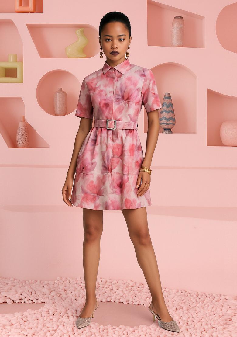 Pink Cotton Floral Printed Dress - Indya