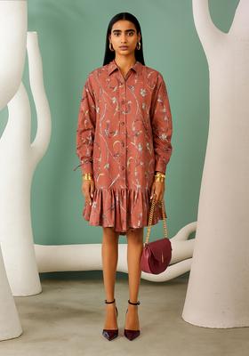 Brown Cotton Abstract Printed Dress