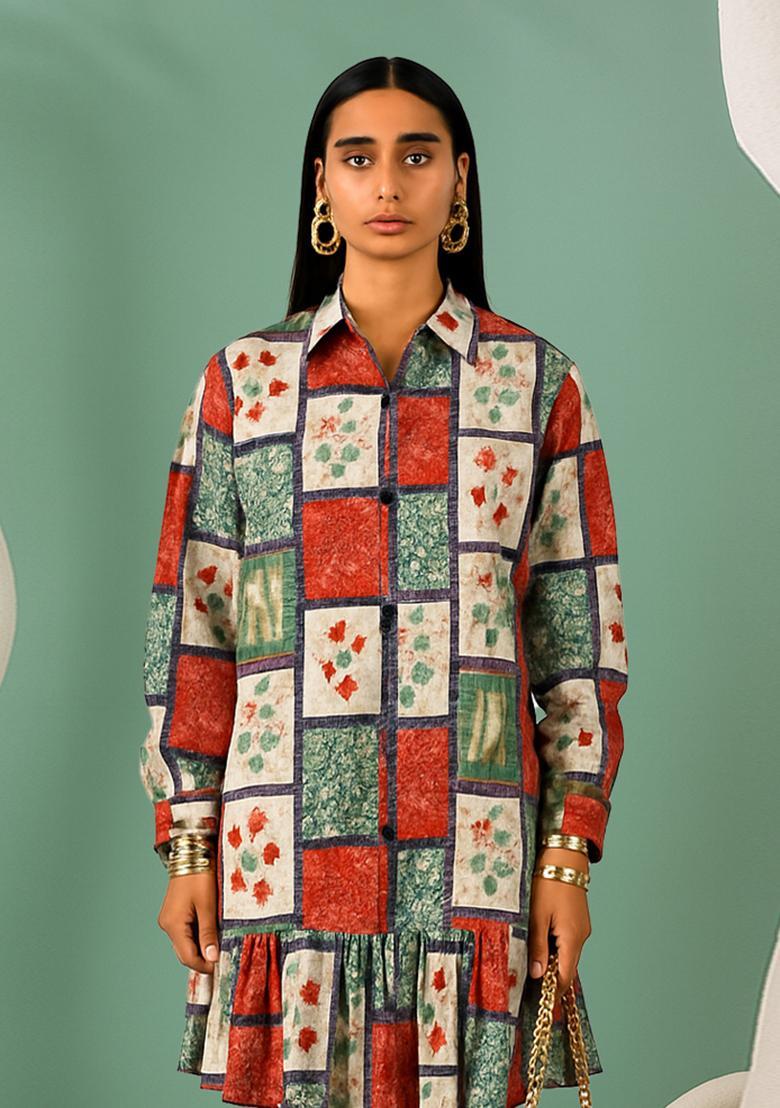Multicolor Cotton Satin Floral Printed Dress - Indya
