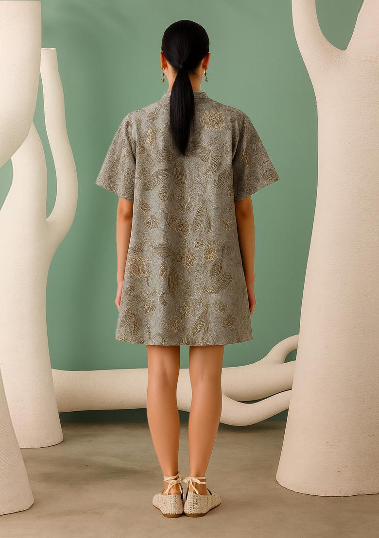 Grey Cotton Floral Printed Dress - Indya