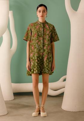 Green Cotton Floral Printed Dress