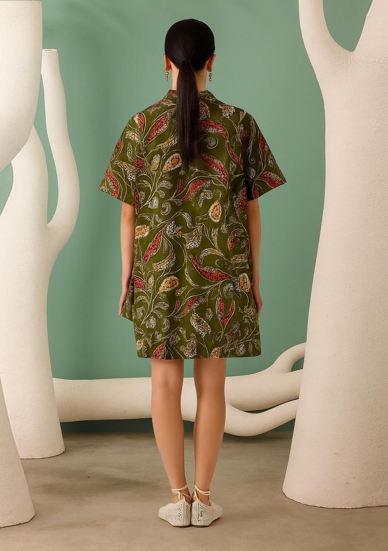 Green Cotton Floral Printed Dress - Indya
