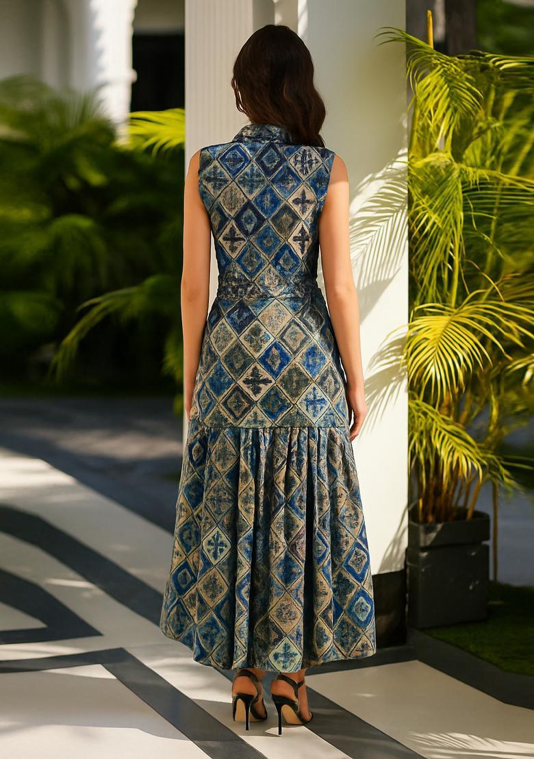 Blue Poplin Ikat Printed Dress - Indya