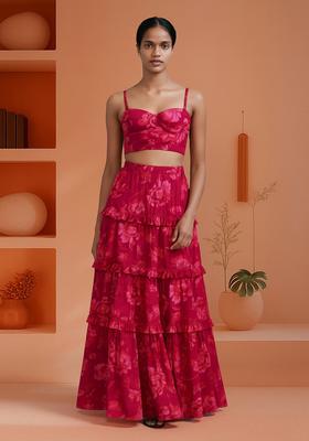 Pink Cambric Floral Printed Crop Top And Skirt Set