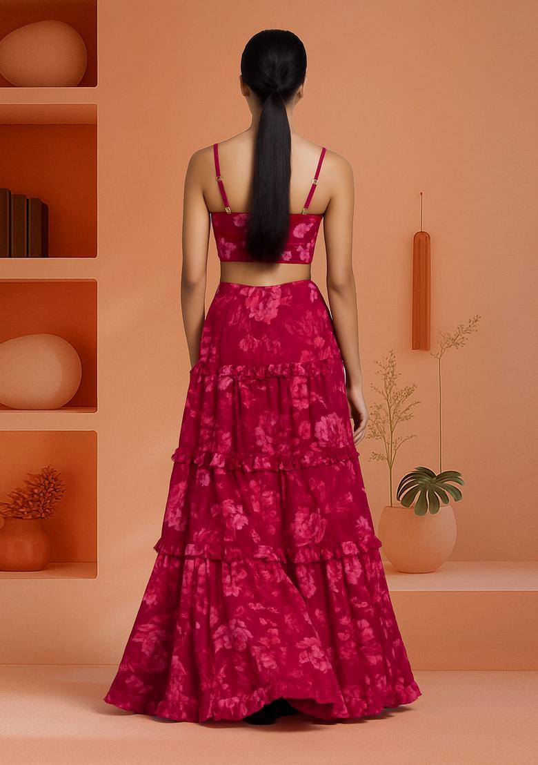Pink Cambric Floral Printed Crop Top And Skirt Set - Indya