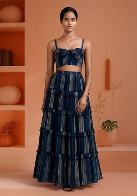 Blue Cotton Stripe Printed Crop Top And Skirt Set