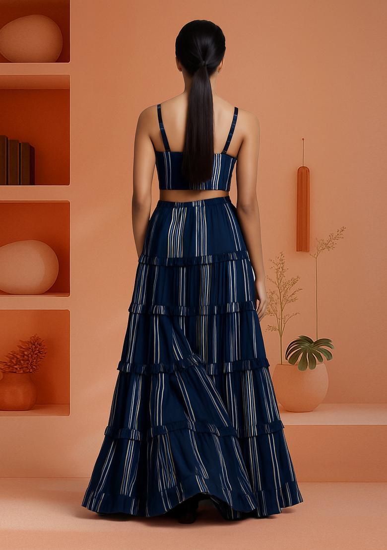Blue Cotton Stripe Printed Crop Top And Skirt Set - Indya