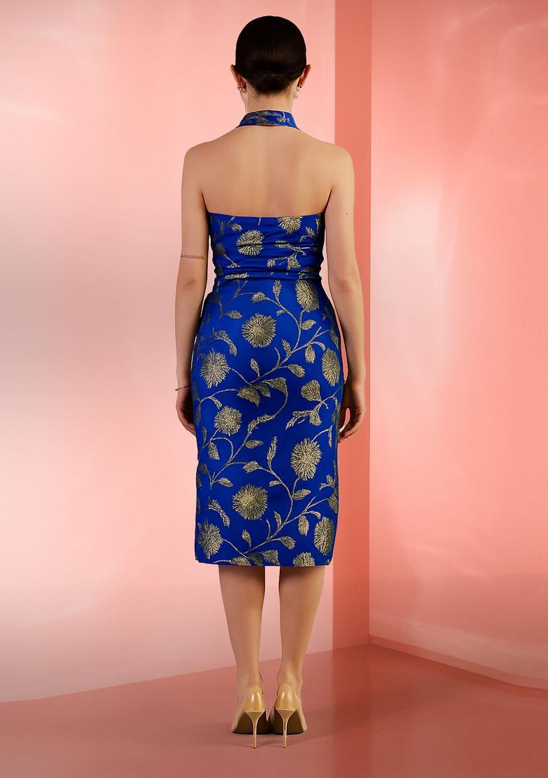 Blue Brocade Dress - Indya