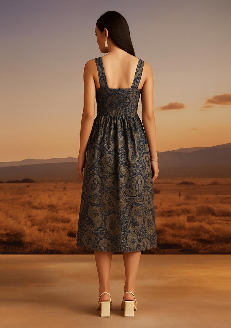 Blue Brocade Dress - Indya