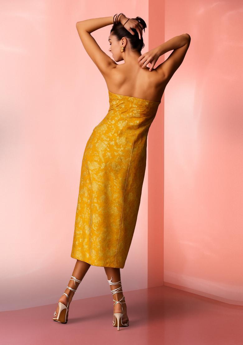 Yellow Brocade Dress - Indya