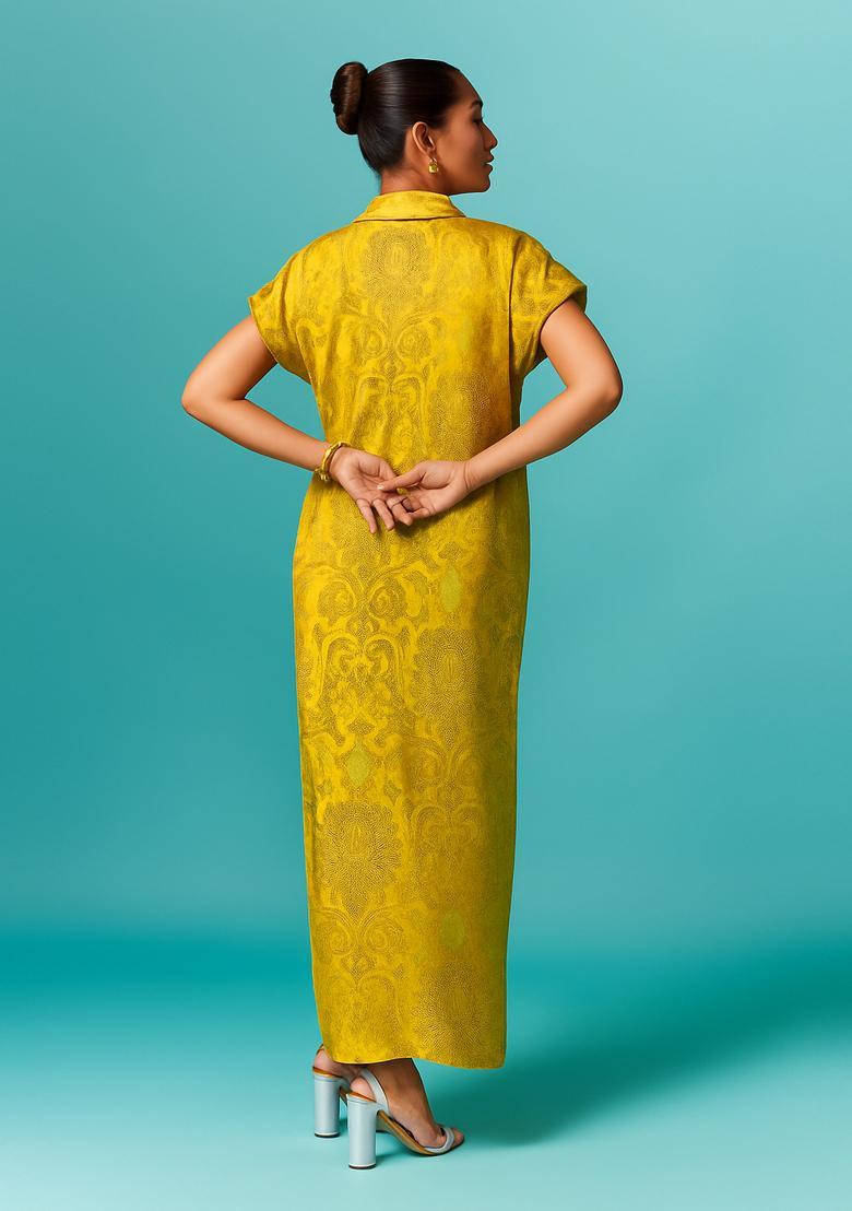 Lemon Yellow Brocade Dress - Indya