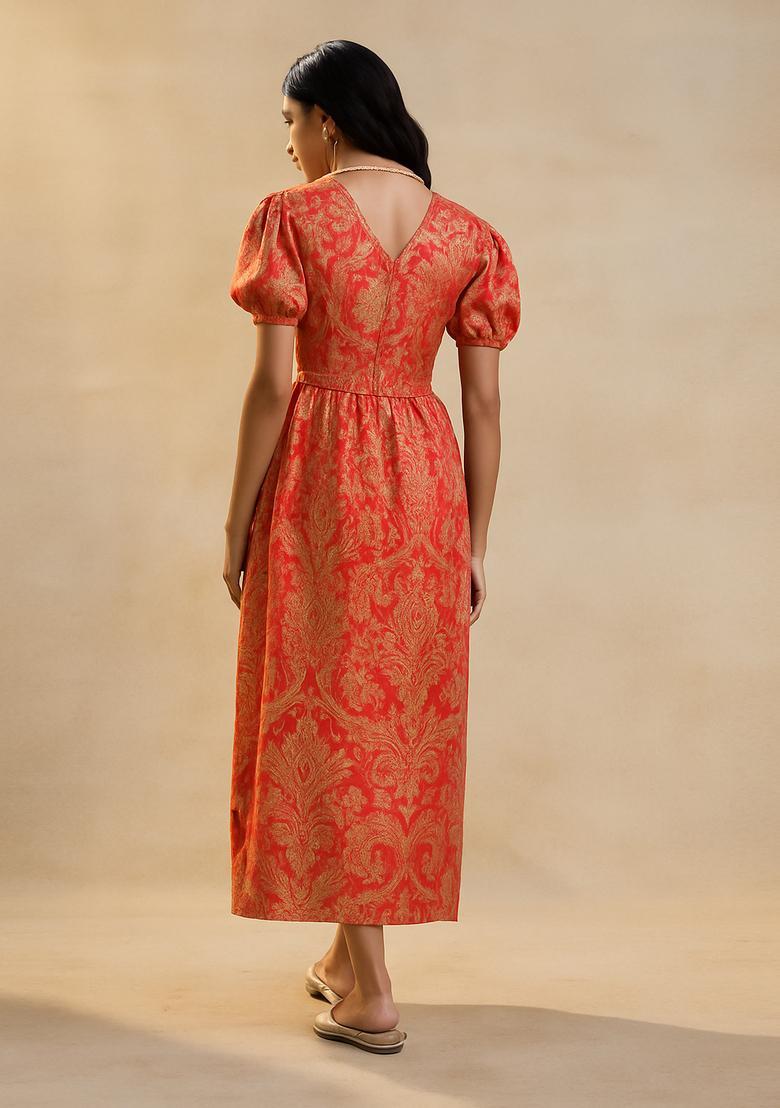 Peach Brocade Dress - Indya