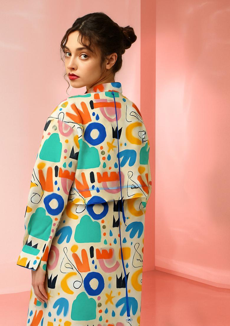 White Abstract Print Cotton Dress - Indya